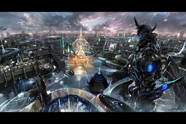 Anime picture 1200x800 with buddha krypt (pixiv) sky cloud (clouds) city cityscape scenic water monster mecha