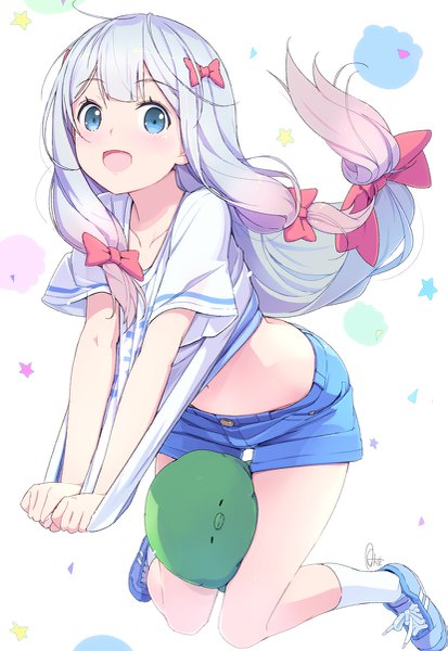 Anime picture 827x1200 with eromanga sensei a-1 pictures izumi sagiri azumi akitake single long hair tall image looking at viewer highres open mouth blue eyes simple background smile blue hair pink hair full body :d multicolored hair two-tone hair midriff