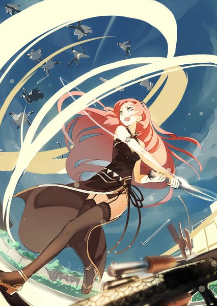 Anime picture 1132x1593 with vocaloid megurine luka lia-sama long hair tall image breasts open mouth light erotic bare shoulders green eyes pink hair sky cloud (clouds) open clothes open jacket multiple boys high heels pantyshot alternate costume happy