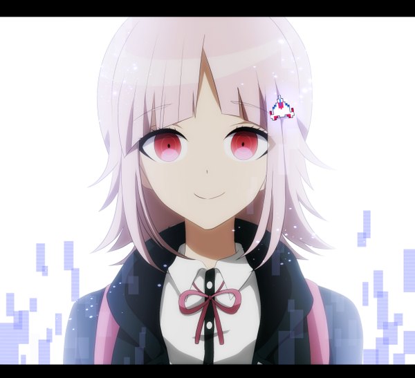 Anime picture 2494x2277 with dangan ronpa nanami chiaki oto toki single looking at viewer highres short hair smile red eyes white hair letterboxed girl hair ornament