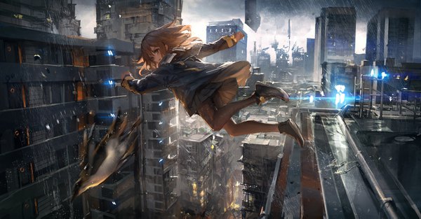 Anime picture 3000x1565 with original lm7 (op-center) single long hair highres brown hair wide image brown eyes looking away sky cloud (clouds) full body bent knee (knees) parted lips pleated skirt outstretched arm city rain cityscape falling