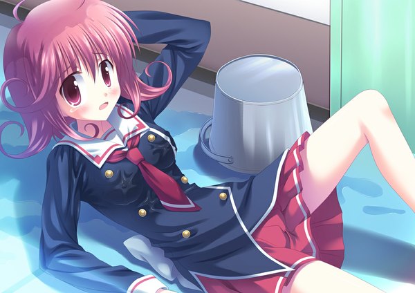 Anime picture 1100x779 with cube x cursed x curious silver link single blush short hair light erotic red eyes red hair wet erect nipples covered nipples wet clothes girl skirt uniform school uniform miniskirt water