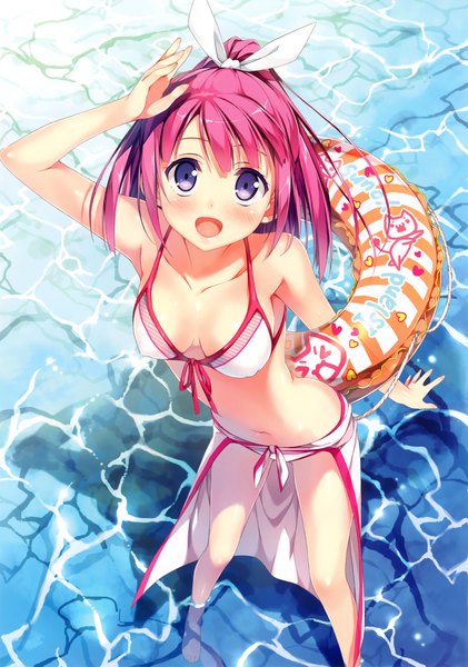 Anime picture 2119x3022 with kantoku single long hair tall image looking at viewer blush highres open mouth purple eyes purple hair scan girl navel swimsuit bikini water