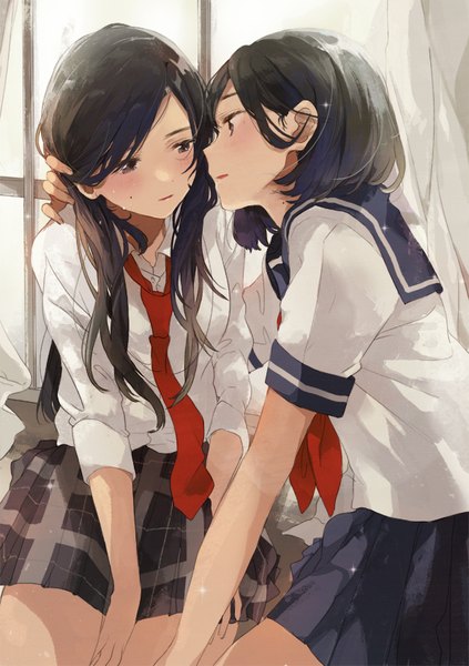 Anime picture 595x842 with original fly (marguerite) long hair tall image blush fringe short hair open mouth black hair sitting multiple girls brown eyes parted lips profile pleated skirt sparkle hug tears adjusting hair plaid skirt