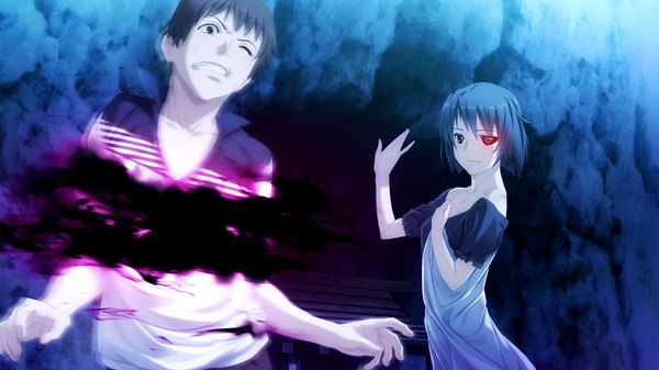 Anime picture 1024x576 with suigetsu 2 short hair black hair wide image brown eyes game cg heterochromia magic glowing glowing eye (eyes) girl dress boy