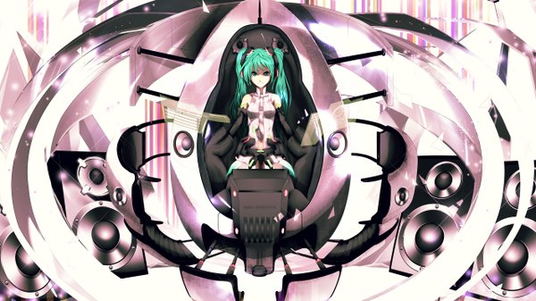Anime picture 2560x1440 with vocaloid vocaloid append hatsune miku hatsune miku (append) infinote long hair highres wide image twintails green eyes green hair girl necktie speakers