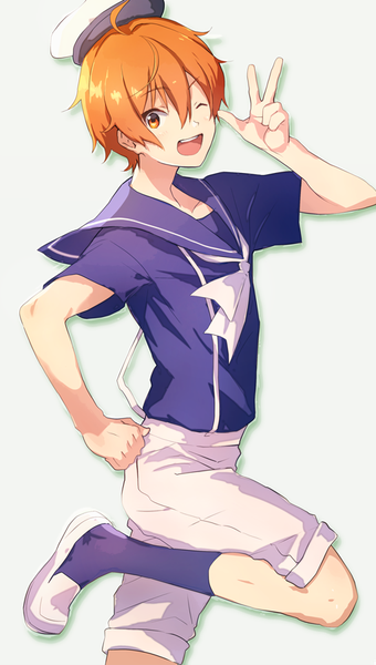 Anime picture 510x900 with idolmaster idolmaster side-m aoi yuusuke map (map imas) single tall image looking at viewer short hair open mouth simple background white background ahoge one eye closed wink orange hair orange eyes victory sailor collar boy hat