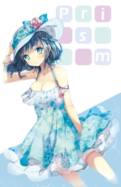 Anime picture 1000x1542 with original juke single tall image looking at viewer blush short hair breasts blue eyes bare shoulders blue hair girl dress hat sundress