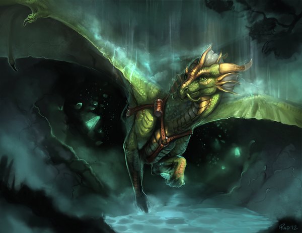 Anime picture 1280x989 with original rajewel (artist) looking at viewer green eyes horn (horns) rain no people green background dragon wings animal wings water branch crystal dragon mustache cave