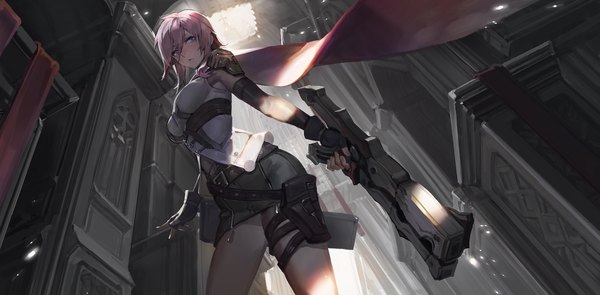 Anime picture 2193x1080 with final fantasy final fantasy xiii square enix lightning farron kishiyo single long hair fringe highres breasts hair between eyes wide image standing holding pink hair indoors from below looking down girl skirt