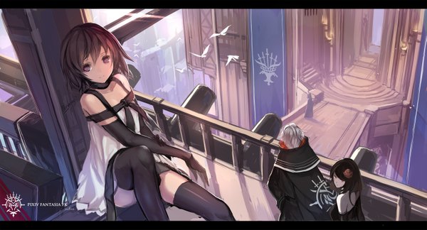 Anime picture 1417x767 with original pixiv fantasia pixiv fantasia fallen kings paradise (character) swd3e2 long hair looking at viewer short hair black hair red eyes wide image sitting purple eyes bare shoulders multiple girls white hair hair flower girl thighhighs dress