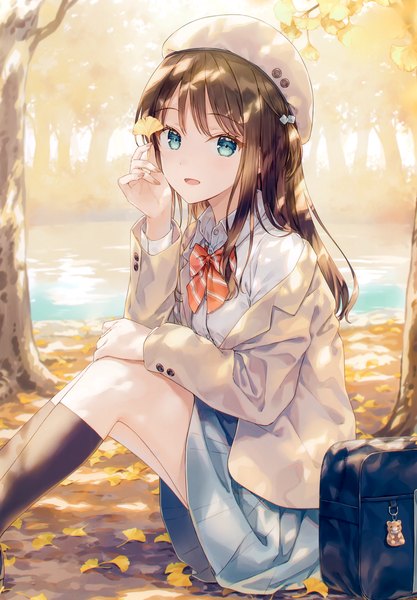 Anime picture 2419x3482 with original hiten (hitenkei) single long hair tall image looking at viewer fringe highres open mouth blue eyes black hair sitting holding outdoors fingernails scan off shoulder hand on knee autumn lake