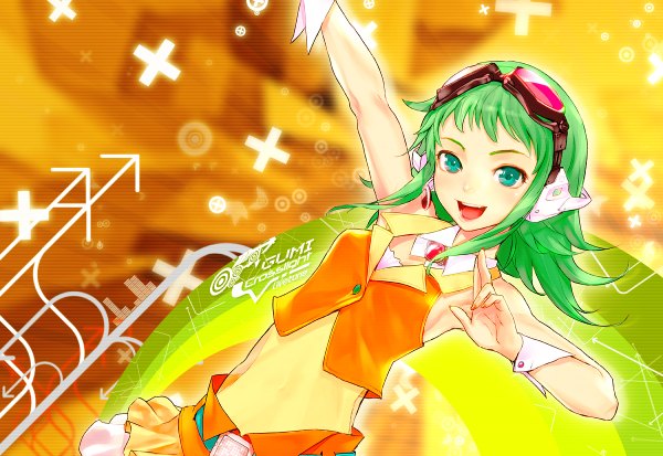 Anime picture 1200x826 with vocaloid gumi redjuice single short hair open mouth smile nail polish aqua eyes green hair goggles on head girl miniskirt wrist cuffs goggles