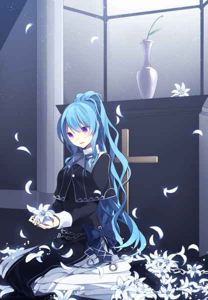 Anime picture 630x910 with original hijiri (resetter) single long hair tall image fringe open mouth sitting purple eyes holding blue hair looking away ponytail indoors night girl dress flower (flowers) ribbon (ribbons) bow