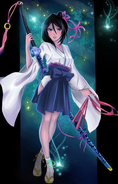 Anime picture 1024x1598 with bleach studio pierrot kuchiki rukia jessally single long hair tall image blush blue eyes black hair standing holding looking away long sleeves traditional clothes alternate costume fireworks girl ribbon (ribbons) weapon