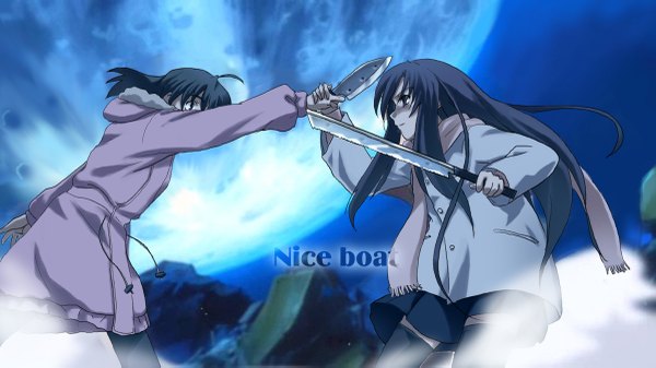 Anime picture 1200x675 with suzumiya haruhi no yuutsu school days kyoto animation katsura kotonoha saionji sekai long hair wide image parody nice boat girl skirt moon coat knife saw