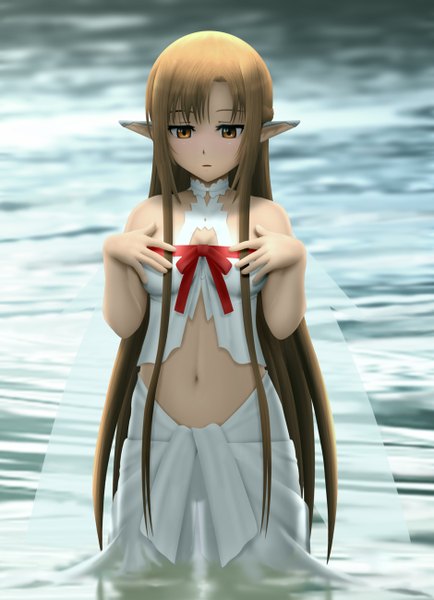 Anime picture 940x1300 with sword art online a-1 pictures yuuki asuna titania (alo) siraha single long hair tall image brown hair bare shoulders brown eyes pointy ears midriff elf girl dress navel wings water