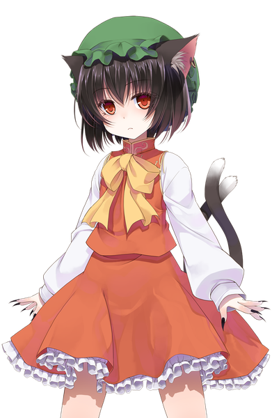 Anime picture 805x1235 with touhou chen crote single tall image looking at viewer short hair black hair red eyes animal ears tail animal tail cat ears cat girl cat tail transparent background girl dress skirt bonnet
