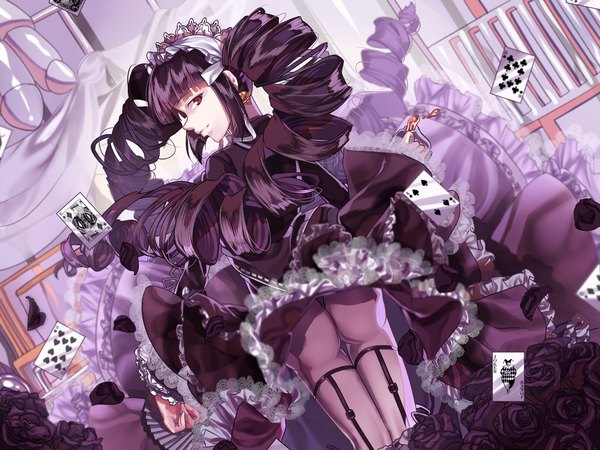 Anime picture 3000x2250 with dangan ronpa celestia ludenberg xiaoai single looking at viewer highres light erotic red eyes twintails ass very long hair profile fingernails drill hair girl dress flower (flowers) petals hairband rose (roses)