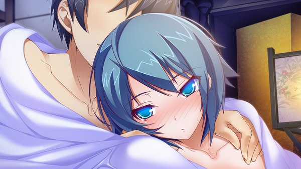 Anime picture 1280x720 with sengoku hime 4 blush short hair blue eyes light erotic wide image blue hair game cg couple girl boy