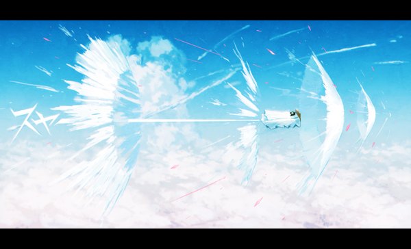 Anime picture 2726x1654 with hecatoncheir original asgr single long hair highres black hair wide image sky cloud (clouds) lying eyes closed letterboxed flying sleeping girl bed