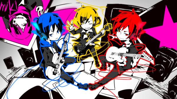 Anime picture 1245x700 with vocaloid kagamine len kaito (vocaloid) akaito kikaito short hair open mouth blue eyes blonde hair red eyes wide image blue hair red hair multiple boys boy headphones suit guitar speakers bass guitar