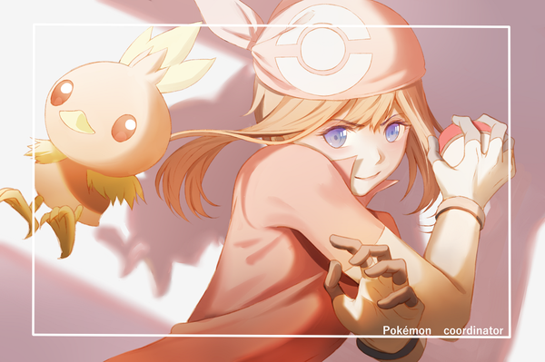 Anime picture 1100x733 with pokemon nintendo may (pokemon) torchic kanda kou single short hair smile purple eyes orange hair shadow copyright name crossed arms fighting stance gen 3 pokemon girl gloves bandana pokemon (creature) pokeball