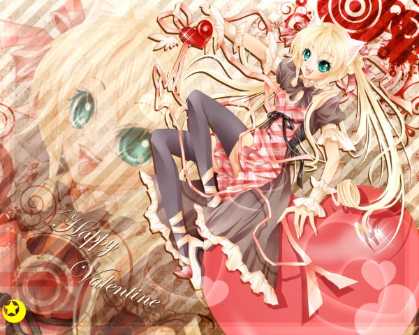 Anime picture 1280x1024 with original midzuki single long hair looking at viewer blonde hair twintails animal ears aqua eyes cat ears valentine zoom layer girl thighhighs dress bow ribbon (ribbons) black thighhighs hair bow frills