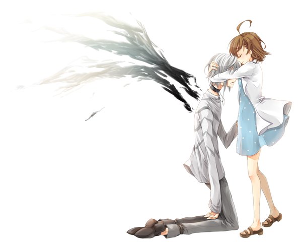 Anime picture 2000x1600 with to aru majutsu no index j.c. staff misaka mikoto accelerator last order meso (goma-meso) highres short hair brown hair white background ahoge white hair eyes closed couple hug kneeling casual covering eye (eyes) girl dress