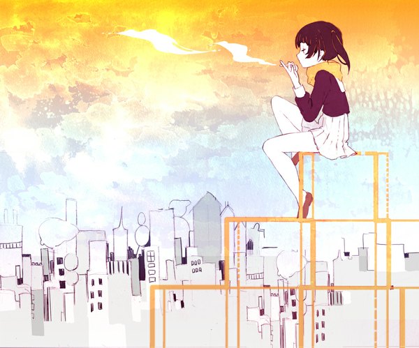 Anime picture 1000x833 with original rina3110119 single short hair black hair sitting twintails looking away pleated skirt city short twintails smoke cityscape smoking girl skirt uniform school uniform scarf cigarette
