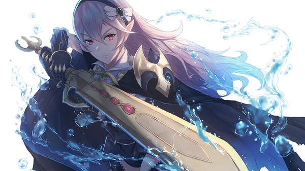 Anime picture 1920x1080 with fire emblem fire emblem fates nintendo corrin (fire emblem) corrin (female) (fire emblem) kachi single long hair looking at viewer highres simple background red eyes wide image white background holding pink hair upper body multicolored hair pointy ears alternate costume
