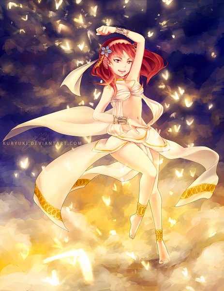 Anime picture 1020x1320 with magi the labyrinth of magic a-1 pictures morgiana long hair tall image open mouth red eyes looking away red hair traditional clothes hair flower girl dress navel hair ornament bracelet insect butterfly rukh (magi)
