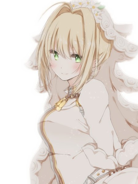 Anime picture 600x800 with fate (series) fate/extra fate/extra ccc nero claudius (fate) (all) nero claudius (fate) nero claudius (bride) (fate) hiro (hirohiro31) single tall image looking at viewer blush fringe short hair simple background blonde hair smile hair between eyes white background green eyes upper body