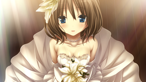 Anime picture 1280x720 with amatsutsumi purple software minazuki hotaru single looking at viewer blush short hair blue eyes black hair wide image game cg girl dress gloves flower (flowers) elbow gloves white gloves bouquet wedding dress