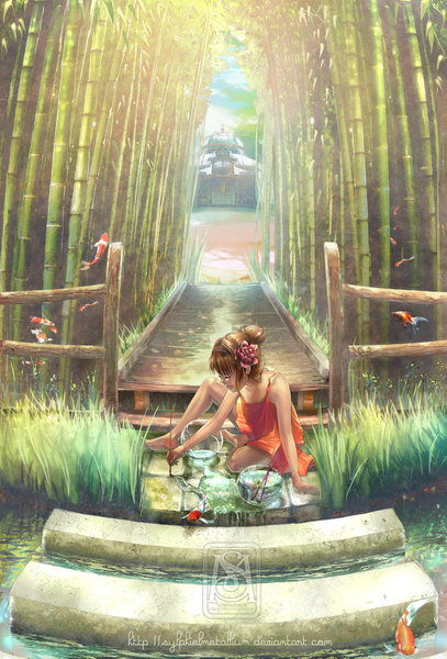 Anime picture 1024x1509 with original sylphielmetallium tall image sitting hair flower painting girl hair ornament flower (flowers) plant (plants) water grass sundress fish (fishes) stairs paintbrush bamboo aquarium art brush