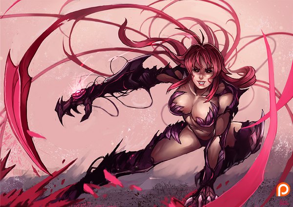 Anime picture 849x600 with witchblade amaha masane kachima single looking at viewer fringe breasts light erotic large breasts bent knee (knees) very long hair lips glowing fighting stance clenched teeth black sclera girl boots armor thigh boots