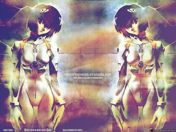 Anime picture 1024x768 with neon genesis evangelion rebuild of evangelion evangelion: 2.0 you can (not) advance gainax ayanami rei fringe short hair red eyes multiple girls purple hair hair over one eye inscription symmetry girl 2 girls pilot suit