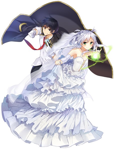 Anime picture 800x1044 with rokudenashi majutsu kouji to akashic record lidenfilms sistine fiber glenn radars mishima kurone long hair tall image looking at viewer blush short hair blue eyes black hair simple background white background silver hair couple magic happy girl dress