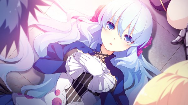 Anime picture 1280x720 with kimi to boku to no kishi no hibi: rakuen no chevalier single long hair looking at viewer blush open mouth wide image purple eyes game cg white hair hair flower girl dress hair ornament flower (flowers)