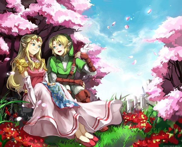 Anime picture 1400x1130 with the legend of zelda princess zelda link long hair blush short hair open mouth blue eyes smile sky cloud (clouds) pointy ears elf girl dress boy flower (flowers) plant (plants) detached sleeves earrings