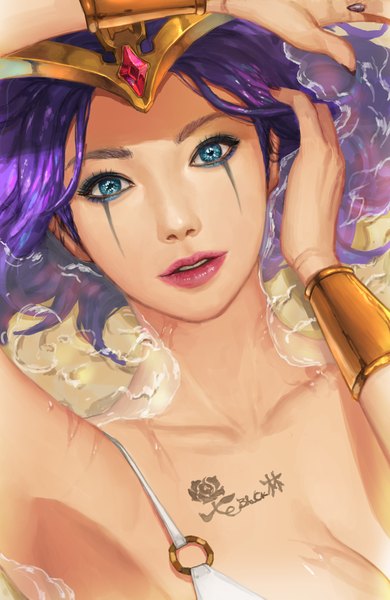 Anime picture 1500x2307 with league of legends emilia leblanc supullim single tall image looking at viewer short hair blue eyes purple hair parted lips lips tattoo close-up face girl swimsuit bikini water bracelet