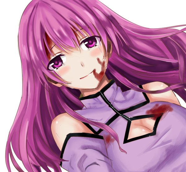 Anime picture 1500x1388 with akame ga kill! white fox sheele (akame ga kill!) sheele single long hair looking at viewer blush fringe breasts simple background smile white background purple eyes purple hair wind lips tears close-up crying