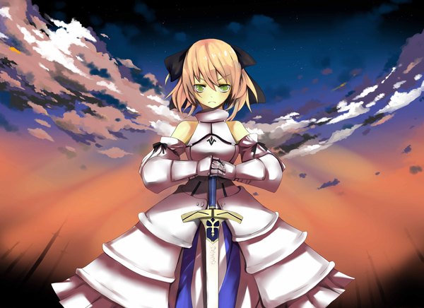 Anime picture 4676x3400 with fate (series) fate/stay night studio deen type-moon artoria pendragon (all) saber single looking at viewer fringe highres short hair blonde hair bare shoulders green eyes absurdres sky cloud (clouds) girl gloves bow