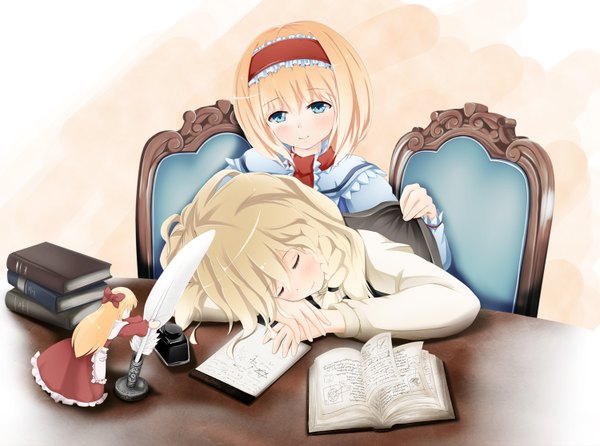 Anime picture 1500x1116 with touhou kirisame marisa alice margatroid half-moon long hair blush blue eyes blonde hair multiple girls eyes closed sleeping girl dress 2 girls hairband book (books) feather (feathers) doll (dolls)