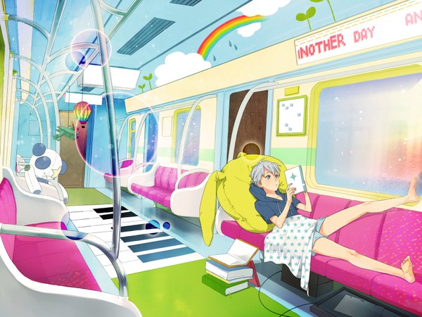 Anime picture 1700x1275 with original tyuh (pixiv) single highres cloud (clouds) barefoot soles train interior boy plant (plants) pillow book (books) toy stuffed animal aircraft balloon airplane rainbow