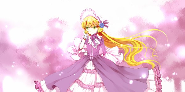 Anime picture 2400x1200 with gosick studio bones victorique de blois single long hair highres blonde hair wide image green eyes hair flower wind loli girl dress gloves hair ornament bonnet