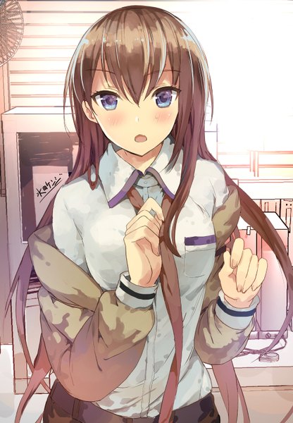 Anime picture 998x1440 with steins;gate white fox makise kurisu mizuta kenji (suidengetsu) single long hair tall image looking at viewer blush open mouth blue eyes brown hair signed indoors open clothes open jacket light girl shirt necktie