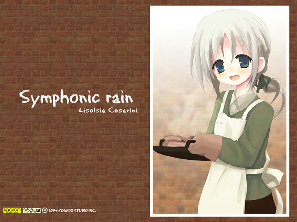 Anime picture 1024x768 with symphonic rain liselsia cesarini shiro (octet) single blush short hair smile green eyes ponytail grey hair copyright name character names happy girl apron