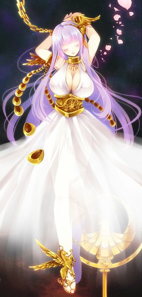 Anime picture 480x1000 with saint seiya saint seiya: the lost canvas toei animation kido saori sasha (saint seiya) shima chiyo single long hair tall image fringe breasts light erotic large breasts pink hair cleavage purple hair eyes closed night arms up night sky