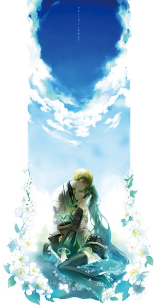 Anime picture 1800x3503 with vocaloid nico nico douga hello planet (vocaloid) hatsune miku rahwia long hair tall image highres short hair blonde hair sitting sky cloud (clouds) green hair couple tears long image girl thighhighs boy
